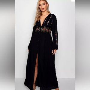 Black, embroidered, plunge neck, button down maxi dress.